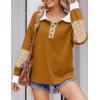 Zeagoo Womens Sweatshirt Henley V Neck Button Down Shirts Color Block Blouses Pullover 2025 Fall Business Casual Outfits(Light Brown)