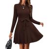 Zeagoo Women’s 2024 Casual Dress Crewneck Tie Waist Fall Ribbed Dress with Belt Long Sleeve A Line Flowy Sweater Dress(Brown)