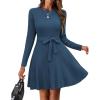 Zeagoo Women’s 2024 Casual Dress Crewneck Tie Waist Fall Ribbed Dress with Belt Long Sleeve A Line Flowy Sweater Dress(Dark Blue)