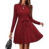 Zeagoo Women’s 2024 Casual Dress Crewneck Tie Waist Fall Ribbed Dress with Belt Long Sleeve A Line Flowy Sweater Dress(Dark Red)