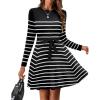 Zeagoo Women’s 2024 Casual Dress Crewneck Tie Waist Fall Ribbed Dress with Belt Long Sleeve A Line Flowy Sweater Dress(Striped Black White)