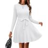 Zeagoo Women’s 2024 Casual Dress Crewneck Tie Waist Fall Ribbed Dress with Belt Long Sleeve A Line Flowy Sweater Dress(White)