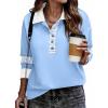 Zeagoo Womens Sweatshirt Henley V Neck Button Down Shirts Color Block Blouses Pullover 2025 Fall Business Casual Outfits(Light Blue)