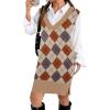 Zeagoo Women’s V Neck Sweater Vest Dress Oversized Sleeveless Casual Pullover Sweater Fall Winter Knit Slit Short Dress(Khaki Diamond)
