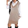 Zeagoo Women’s V Neck Sweater Vest Dress Oversized Sleeveless Casual Pullover Sweater Fall Winter Knit Slit Short Dress(Khaki Houndstooth)