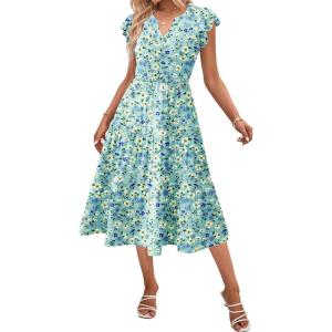 ZEAGOO Summer Dresses for Women 2026 Ruffle Sleeve Midi Dress Flowy Tiered Dress with Pockets(Blue White-printed)