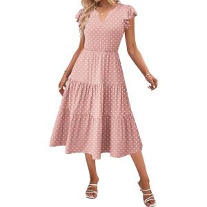 ZEAGOO Summer Dresses for Women 2026 Ruffle Sleeve Midi Dress Flowy Tiered Dress with Pockets(Pink Round Dot)