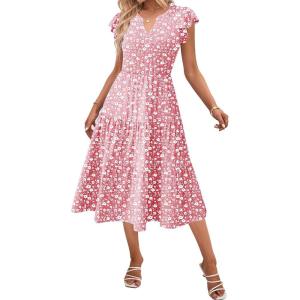 ZEAGOO Summer Dresses for Women 2026 Ruffle Sleeve Midi Dress Flowy Tiered Dress with Pockets(Pink-floral-printed)