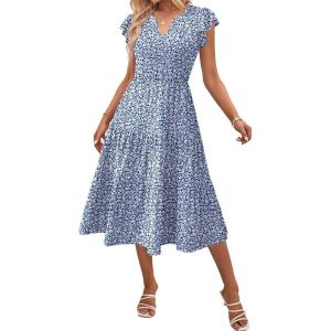 ZEAGOO Summer Dresses for Women 2026 Ruffle Sleeve Midi Dress Flowy Tiered Dress with Pockets(White Floral-printed)