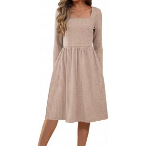 ZEAGOO Women Dresses Spring Fall 2026 Sweater Dress Long Sleeve Casual Knit Dresses with Pockets(Apricot)