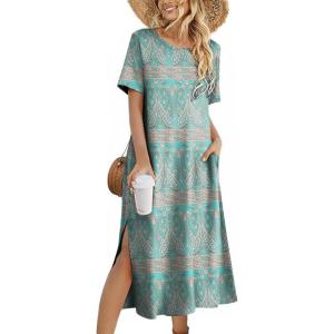 ZEAGOO Women Summer Dress Casual Beach Dress Floral Maxi Split Long Dress 2026 Vacation Dress(01 Green)