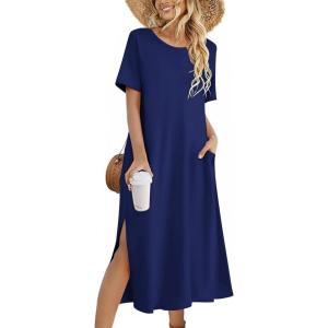 ZEAGOO Women Summer Dress Casual Beach Dress Floral Maxi Split Long Dress 2026 Vacation Dress(01 Navy)