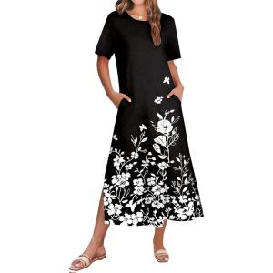 ZEAGOO Women Summer Dress Casual Beach Dress Floral Maxi Split Long Dress 2026 Vacation Dress(Black Floral)