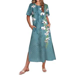 ZEAGOO Women Summer Dress Casual Beach Dress Floral Maxi Split Long Dress 2026 Vacation Dress(Blue)