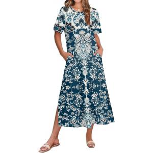 ZEAGOO Women Summer Dress Casual Beach Dress Floral Maxi Split Long Dress 2026 Vacation Dress(Blue Mz924)