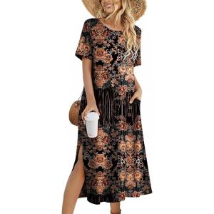 ZEAGOO Women Summer Dress Casual Beach Dress Floral Maxi Split Long Dress 2026 Vacation Dress(Brown)
