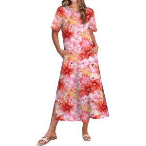 ZEAGOO Women Summer Dress Casual Beach Dress Floral Maxi Split Long Dress 2026 Vacation Dress(Flowers Red Yellow)