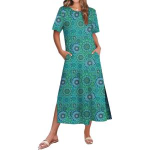 ZEAGOO Women Summer Dress Casual Beach Dress Floral Maxi Split Long Dress 2026 Vacation Dress(Green Black)