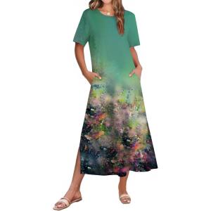 ZEAGOO Women Summer Dress Casual Beach Dress Floral Maxi Split Long Dress 2026 Vacation Dress(Green Cx322)