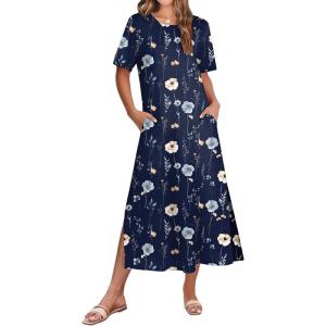ZEAGOO Women Summer Dress Casual Beach Dress Floral Maxi Split Long Dress 2026 Vacation Dress(Navy Floral)