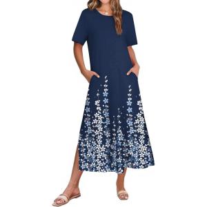ZEAGOO Women Summer Dress Casual Beach Dress Floral Maxi Split Long Dress 2026 Vacation Dress(Navy Sf119)