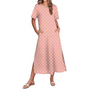 ZEAGOO Women Summer Dress Casual Beach Dress Floral Maxi Split Long Dress 2026 Vacation Dress(Pink Dot)