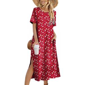 ZEAGOO Women Summer Dress Casual Beach Dress Floral Maxi Split Long Dress 2026 Vacation Dress(Red)