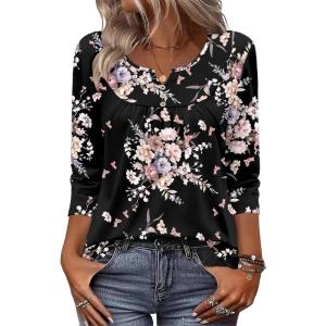Zeagoo 3/4 Length Sleeve Womens Tops 2026 V Neck T Shirts Dressy Casual Fall Blouses Floral Summer Business Work Basic Tees(Black Pink Floral)