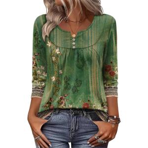 Zeagoo 3/4 Length Sleeve Womens Tops 2026 V Neck T Shirts Dressy Casual Fall Blouses Floral Summer Business Work Basic Tees(Green Ethnic Print)