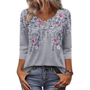 Zeagoo 3/4 Length Sleeve Womens Tops 2026 V Neck T Shirts Dressy Casual Fall Blouses Floral Summer Business Work Basic Tees(Grey Floral Leaves)