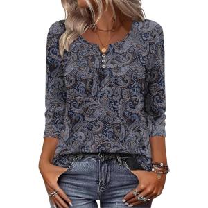 Zeagoo 3/4 Length Sleeve Womens Tops 2026 V Neck T Shirts Dressy Casual Fall Blouses Floral Summer Business Work Basic Tees(Navy Blue Print)