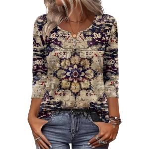 Zeagoo 3/4 Length Sleeve Womens Tops 2026 V Neck T Shirts Dressy Casual Fall Blouses Floral Summer Business Work Basic Tees(Purple-beige)