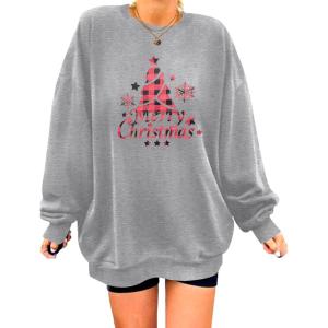 Zeagoo Christmas Sweatshirt for Women Crewneck Christmas Tree Long Sleeve Shirt Xmas Holiday Party Pullover Sweater Tops(Grey-red Tree)