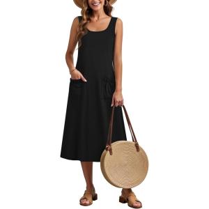 Zeagoo Dresses for Women 2026 Casual Summer Midi Sleeveless Dress A Line Crewneck Beach Vacation Tank Sundresses with Pockets(Black)