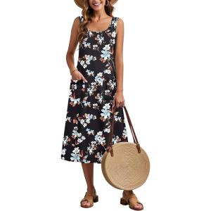 Zeagoo Dresses for Women 2026 Casual Summer Midi Sleeveless Dress A Line Crewneck Beach Vacation Tank Sundresses with Pockets(Black Floral-pa104)