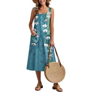 Zeagoo Dresses for Women 2026 Casual Summer Midi Sleeveless Dress A Line Crewneck Beach Vacation Tank Sundresses with Pockets(Blue Floral-zw89)