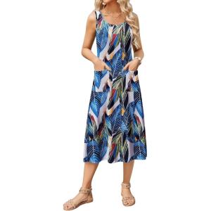 Zeagoo Dresses for Women 2026 Casual Summer Midi Sleeveless Dress A Line Crewneck Beach Vacation Tank Sundresses with Pockets(Blue Leaf-zw647)