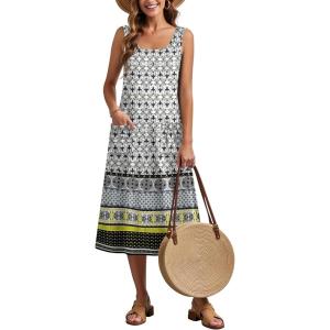 Zeagoo Dresses for Women 2026 Casual Summer Midi Sleeveless Dress A Line Crewneck Beach Vacation Tank Sundresses with Pockets(Bohemian-pa26)
