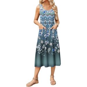 Zeagoo Dresses for Women 2026 Casual Summer Midi Sleeveless Dress A Line Crewneck Beach Vacation Tank Sundresses with Pockets(Green Floral 02-mz777)