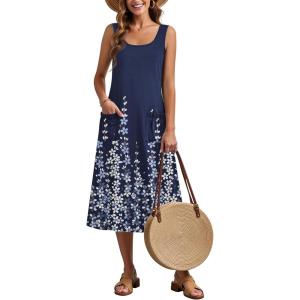 Zeagoo Dresses for Women 2026 Casual Summer Midi Sleeveless Dress A Line Crewneck Beach Vacation Tank Sundresses with Pockets(Navy Blue Floral-sf119)