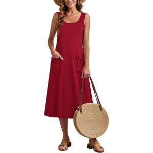 Zeagoo Dresses for Women 2026 Casual Summer Midi Sleeveless Dress A Line Crewneck Beach Vacation Tank Sundresses with Pockets(Red-tr)