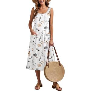 Zeagoo Dresses for Women 2026 Casual Summer Midi Sleeveless Dress A Line Crewneck Beach Vacation Tank Sundresses with Pockets(White Floral-dh6)