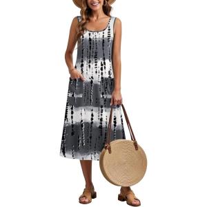 Zeagoo Dresses for Women 2026 Casual Summer Midi Sleeveless Dress A Line Crewneck Beach Vacation Tank Sundresses with Pockets(White-black Pattern-zr231)