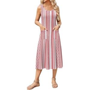 Zeagoo Dresses for Women 2026 Casual Summer Midi Sleeveless Dress A Line Crewneck Beach Vacation Tank Sundresses with Pockets(White-red Pattern-mz772)