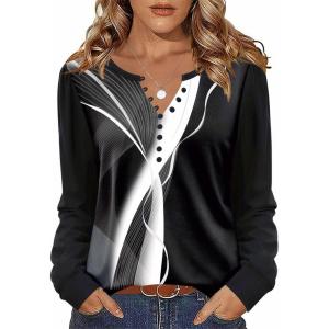 Zeagoo Fall Tops for Women Long Sleeve Button Up Shirts Floral Tunics V Neck Pullover Blouse(Black Colorblock)