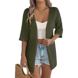 Zeagoo Lightweight Summer Cardigan for Women Short Sleeve V Neck Crochet Kimonos Loose Open Front Hollow Out Cover Ups(Army Green)