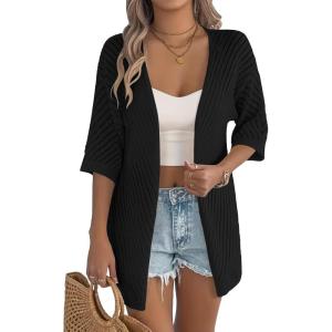 Zeagoo Lightweight Summer Cardigan for Women Short Sleeve V Neck Crochet Kimonos Loose Open Front Hollow Out Cover Ups(Black)