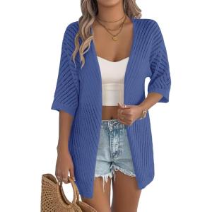 Zeagoo Lightweight Summer Cardigan for Women Short Sleeve V Neck Crochet Kimonos Loose Open Front Hollow Out Cover Ups(Blue)