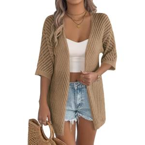 Zeagoo Lightweight Summer Cardigan for Women Short Sleeve V Neck Crochet Kimonos Loose Open Front Hollow Out Cover Ups(Brown)