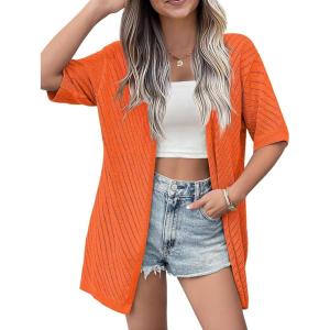 Zeagoo Lightweight Summer Cardigan for Women Short Sleeve V Neck Crochet Kimonos Loose Open Front Hollow Out Cover Ups(Orange)